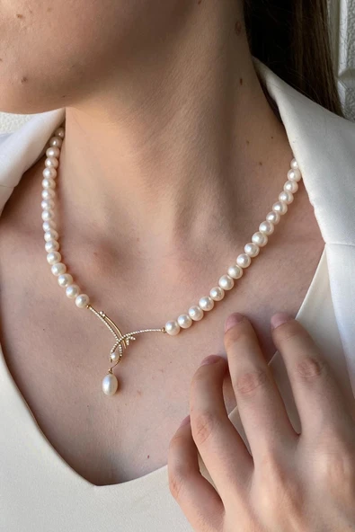 6,5 mm Yaprak Taşlı Doğal İnci Sallantılı Kolye - Resim 3