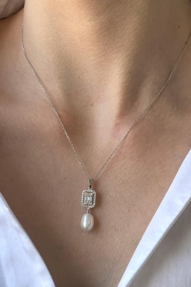 9,5 mm Baget Taş Doğal İnci Sallantı Küpe Kolye İkili Set - 6