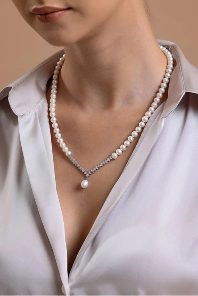 6,5 mm Suyolu Taşlı Doğal İnci Küpe Kolye Bileklik Üçlü Set - 3