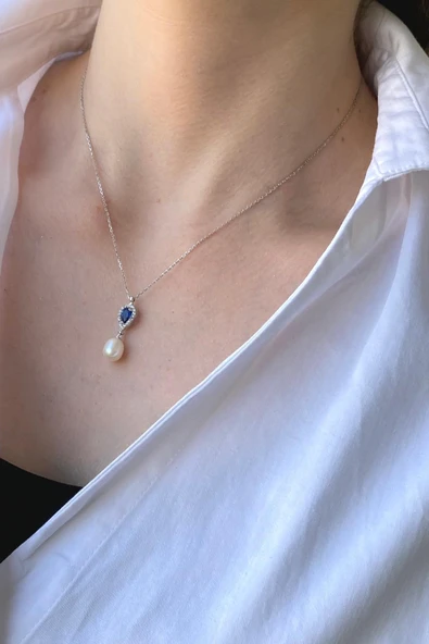 Kadın Damla Safir İnci Sallantı Kolye - Resim 2