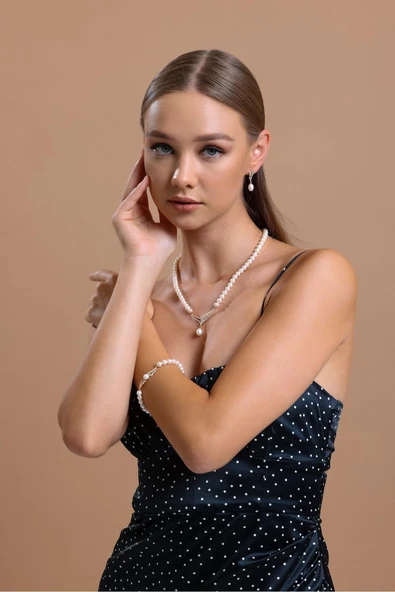 6,5 mm Yaprak Taşlı Doğal İnci Kolye - Resim 3