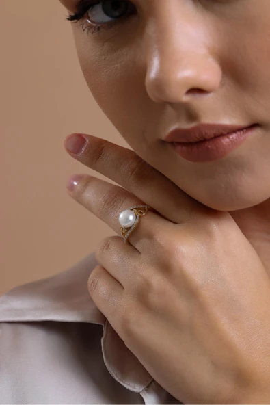7,5 mm Zirkon Taşlı Doğal İnci Yüzük