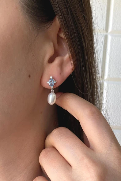 9,5 mm Mavi Renk Taşlı Doğal İnci Sallantı Küpe Kolye İkili Set - 2