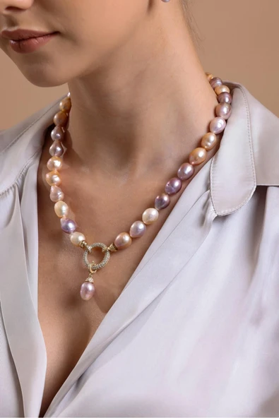 10,5 mm Halka Kilitli Multicolor Barok Doğal İnci Kolye