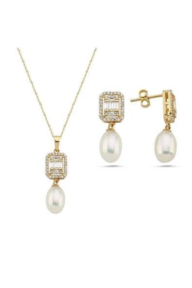 9,5 mm Baget Taş Doğal İnci Sallantı Küpe Kolye İkili Set - 8