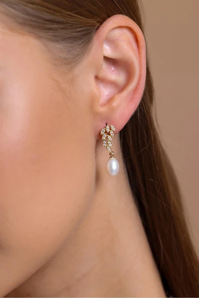 8,5 mm Yaprak Taşlı Doğal İnci Sallantılı Küpe ürün görseli 1