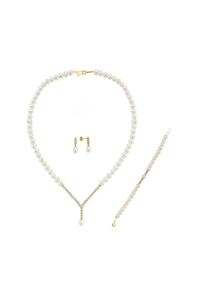 6,5 mm Taşlı Doğal İnci Küpe Kolye Bileklik Üçlü Set - 6