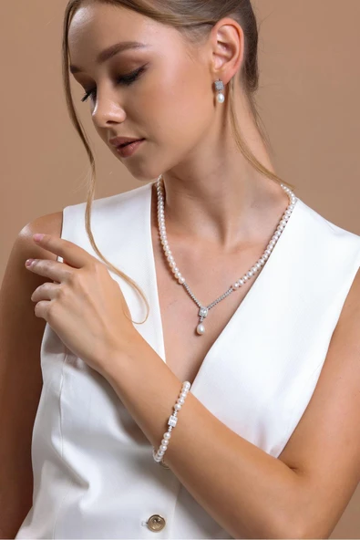 6,5 mm Baget Doğal İnci Sallantılı Kolye - Resim 4