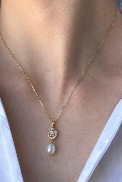 8,5 mm Oval Baget Taşlı Doğal İnci Kolye - 1