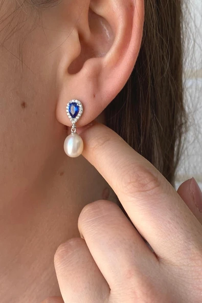 8,5 mm Damla Safir Doğal İnci Sallantı Küpe Kolye İkili Set - 5