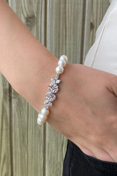 7,5 mm Çiçek Tasarımlı Zirkon Taşlı Doğal İnci Kadın Bileklik - Resim 3