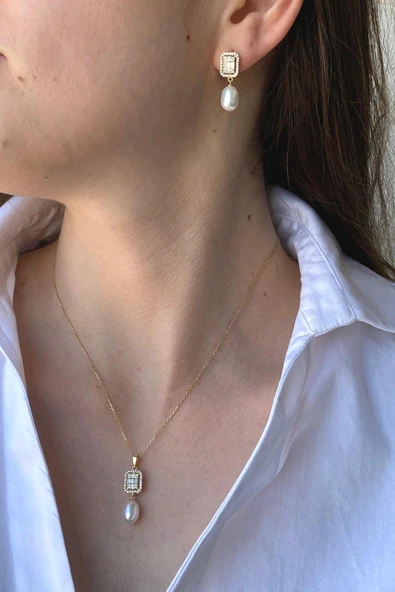 9,5 mm Baget Taş Doğal İnci Sallantı Küpe Kolye İkili Set - 2