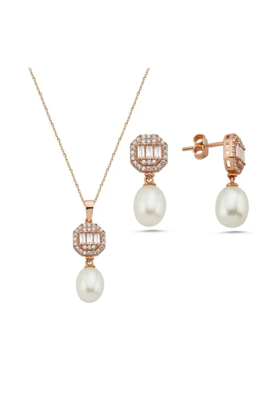 9,5 mm Baget Sekizgen Doğal İncili Sallantı Küpe Kolye İkili Set - 7