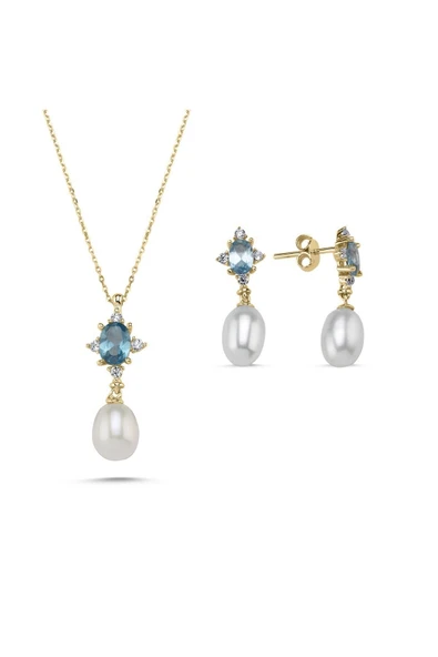 9,5 mm Mavi Renk Taşlı Doğal İnci Sallantı Küpe Kolye İkili Set - 3