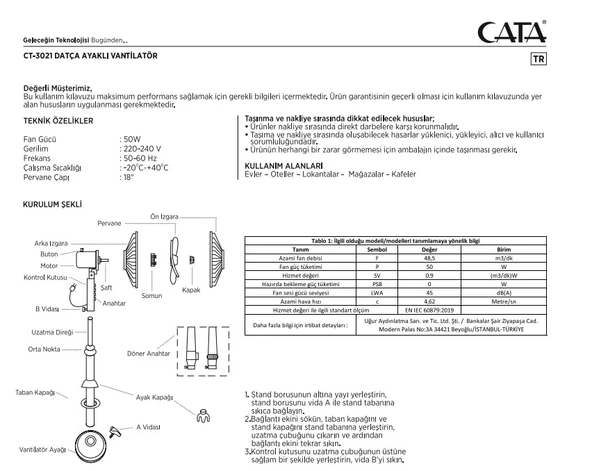 CATA Datça 18" Ayaklı Vantilatör 50w 3 Kademeli Hız Ayarı Otomatik Kapanma - 5