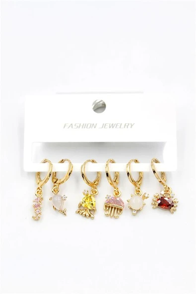 Taşlı Çoklu Küpe - Altın - Resim 2