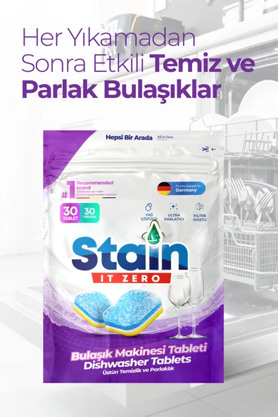 Stain İt Zero Hepsi Bir Arada Bulaşık Makinesi Tableti & Güçlü Temizlik Üstün Parlaklık- 30 Yıkama