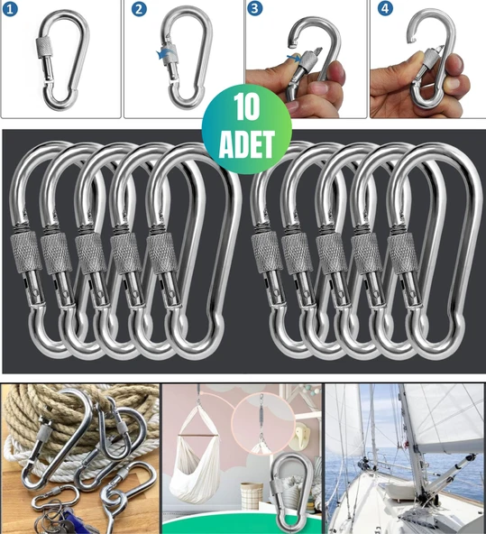 Ablacks  10 Adet Kilitli Vidalı Yaylı Karabina 8 Mm No Olta Deniz Tırmanma Kamp Ekipmanları Hamak Askı