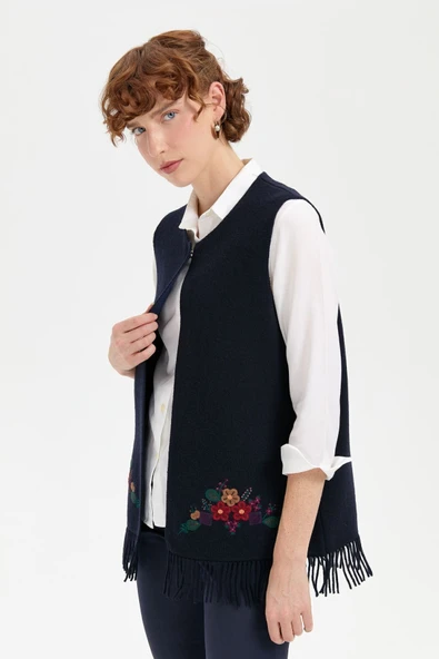 Desen Midi Boy Kadın Yelek - Vintage Nakışlı Püsküllü - 2