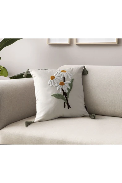 WoodyMaison Çiçek Desenli 4'Adet Kırlent Kılıfı Punch Comfort Panç Yastık Kılıfı, Püsküllü 43x43cm