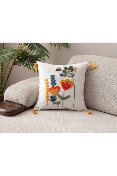 WoodyMaison Çiçek Desenli 4'Adet Kırlent Kılıfı Punch Comfort Panç Yastık Kılıfı, Püsküllü 43x43cm