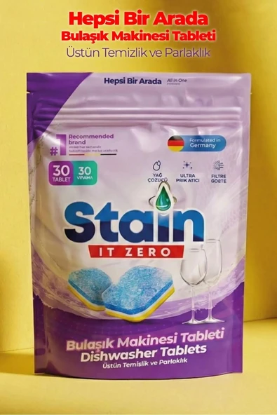 Stain İt Zero Hepsi Bir Arada Bulaşık Makinesi Tableti & Güçlü Temizlik Üstün Parlaklık- 30 Yıkama