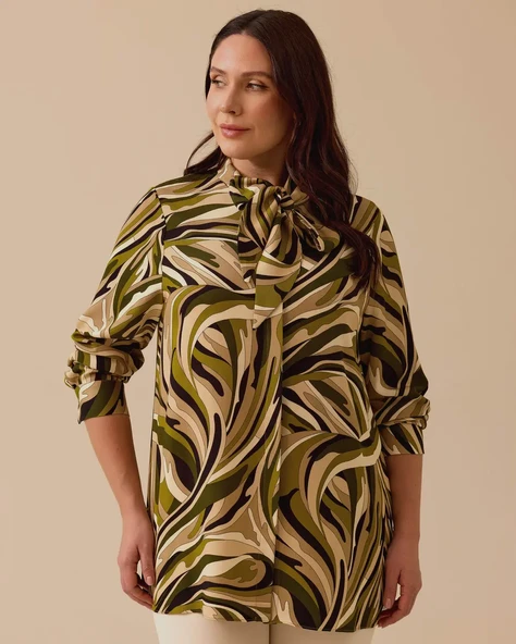 Gala-xi Kadın Büyük Beden Desenli Şal Yaka Gömlek 10002421514013