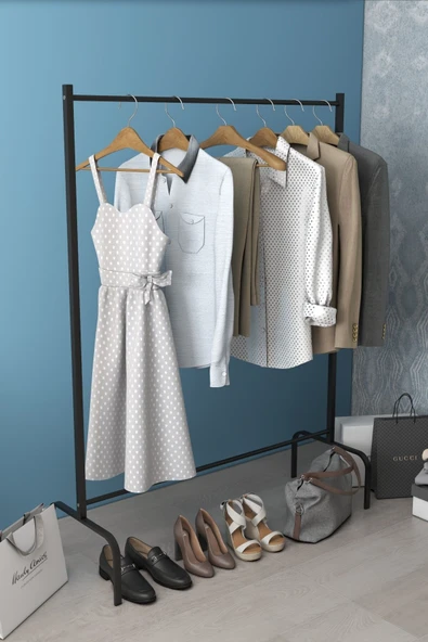 Dizayn Motion Ayaklı Askılık Konfeksiyon Askısı Metal Konfeksiyon Elbise Askılığı Eşek Askılık - Siyah