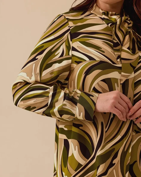 Gala-xi Kadın Büyük Beden Desenli Şal Yaka Gömlek 10002421514013 - 3