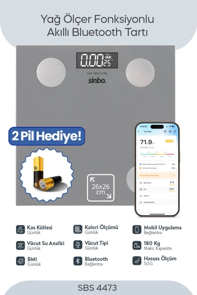 Sinbo SBS-4473 Bluetooth Dijital Yağ Su Kas Vücut Kitle Endeksi Kilo Ölçer Tartı Baskül