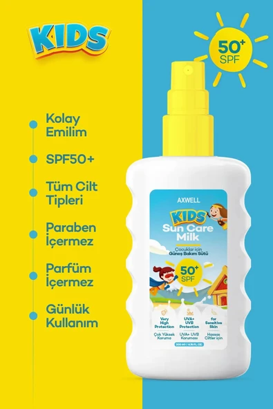 AXWELL Kids Spf50+ Çok Yüksek Koruyucu Çocuk İçin Yüz & Vücut Güneş Sütü Spreyi 200 mL - 2