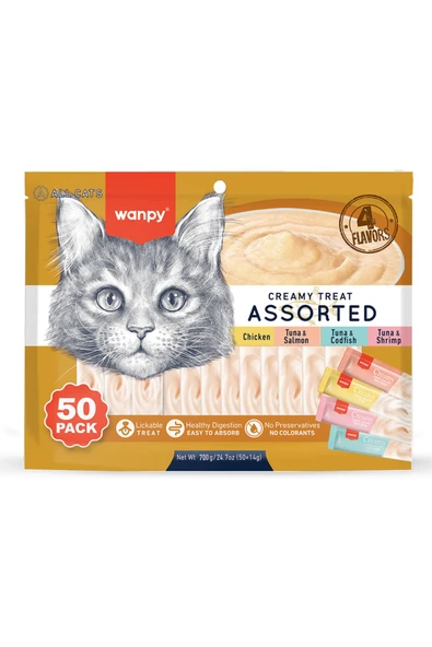 Wanpy Karışık 4 Lezzetli Krema Kedi Ödülü 50*14 gr MİX (Ödül Kaşığı Hediyeli)