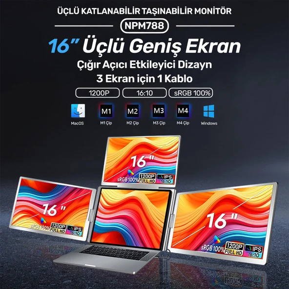 NPO NPM788 16" FHD 1200p IPS Type-C Taşınabilir 3'lü Monitör Çoklayıcı Standlı Notebook Monitör - 2
