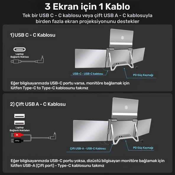 NPO NPM788 16" FHD 1200p IPS Type-C Taşınabilir 3'lü Monitör Çoklayıcı Standlı Notebook Monitör - 10