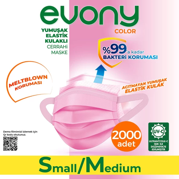 Evony Color Pembe Yumuşak Elastik Kulaklı Maske 2000 Adet