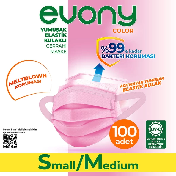 Evony Color Pembe Yumuşak Elastik Kulaklı Maske 100 Adet