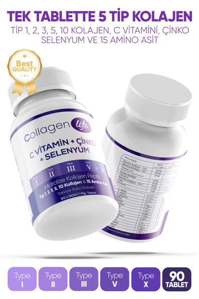 Collagen Life 5 Tip Kolajen Tip 1, Tip 2, Tip 3, Tip 5 ,tip 10, ( Selenyum , C Vitamini Ve Çinko ) 90 Tablet - 3