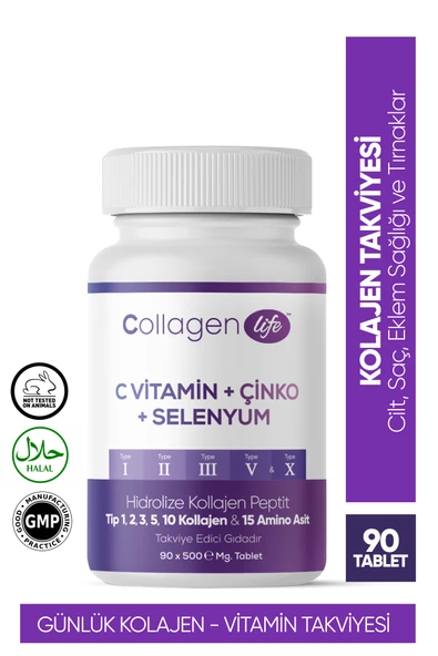 Collagen Life 5 Tip Kolajen Tip 1, Tip 2, Tip 3, Tip 5 ,tip 10, ( Selenyum , C Vitamini Ve Çinko ) 90 Tablet