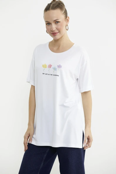 Çiçek Baskılı Bisiklet Yaka Tişört - Beyaz - Resim 4
