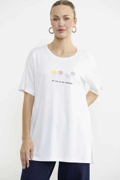 Çiçek Baskılı Bisiklet Yaka Tişört - Beyaz - Resim 2