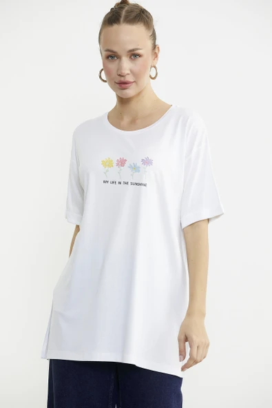 Çiçek Baskılı Bisiklet Yaka Tişört - Beyaz - Resim 3