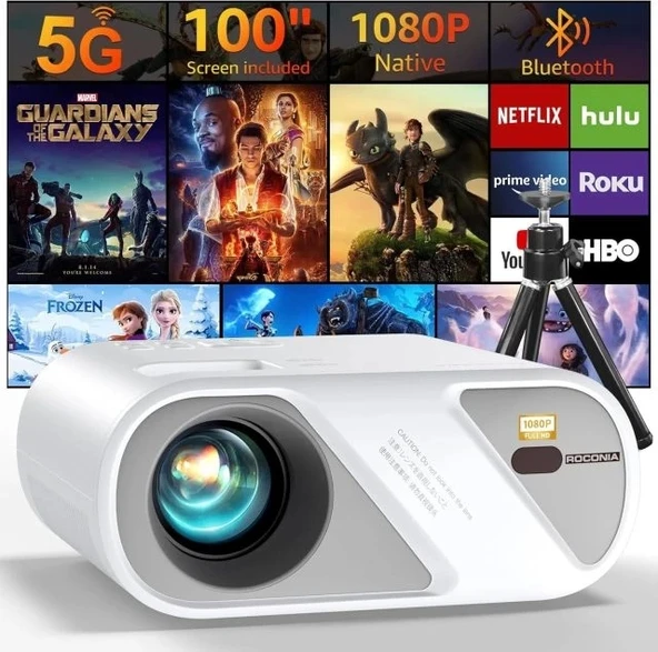 Roconia 5G WiFi Bluetooth Yerel 1080P Projektör White