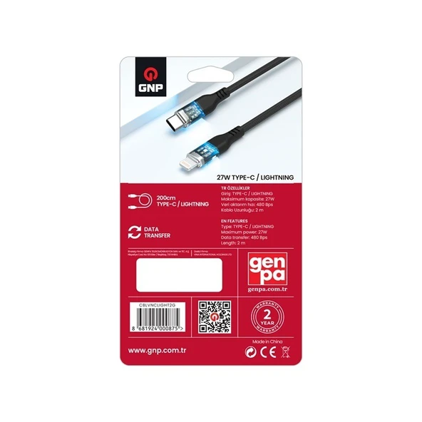 GNP 27W Type-C to Lightning Neon Işıklı Kablo 200cm (GENPA Garantili) - Resim 2