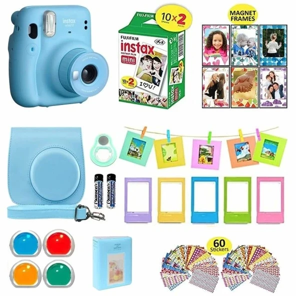 Fujifilm Instax Mini 11 Anlık Kamera Taşıma Çantası/Değer Paketi (20 Sayfa) - Mavi Sky Blue Standard Packaging