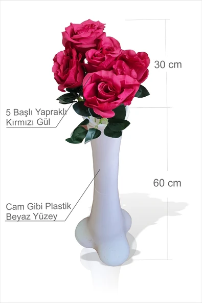 En Uzun Büyük Geniş Kırmızı 5 Gül Beyaz 60cm Kırılmaz İnce Bel Dengeli Devrilmez Kırılmaz Konik Vazo - 2