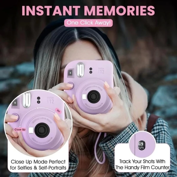 Fujifilm Instax Mini 12 Anlık Fotoğraf Makinesi/Minimate Özel Kılıf/10 Sayfa - Mor - 9