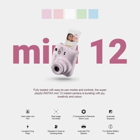 Fujifilm Instax Mini 12 Anlık Fotoğraf Makinesi/ Minimate Özel Kılıf/20 Sayfa/İkili Paket - Mor - 3