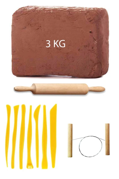 Kahve Çamur Kırmızı Kil Seramik Hamuru 3 kg Plastik Ebeşuar Seti Ahşap Merdane Çamur Kesme Teli