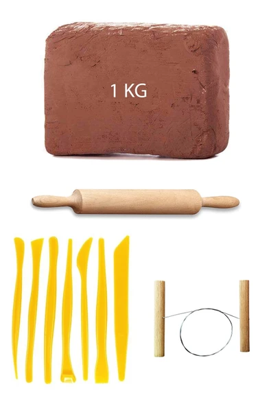Kahve Çamur Kırmızı Kil Seramik Hamuru 1 kg Plastik Ebeşuar Seti Ahşap Merdane Çamur Kesme Teli