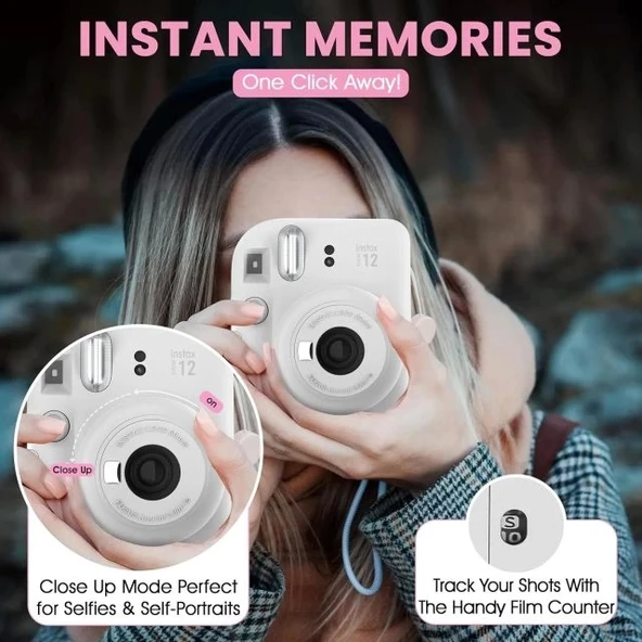 Fujifilm Instax Mini 12 Anlık Fotoğraf Makinesi/Minimate Özel Kılıf/10 Sayfa - Beyaz - 9